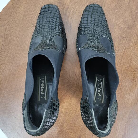 J Renee Women's Shoes 7 Black Leather Reptile Embossed Slip On Block Heel Bootie - Picture 5 of 16